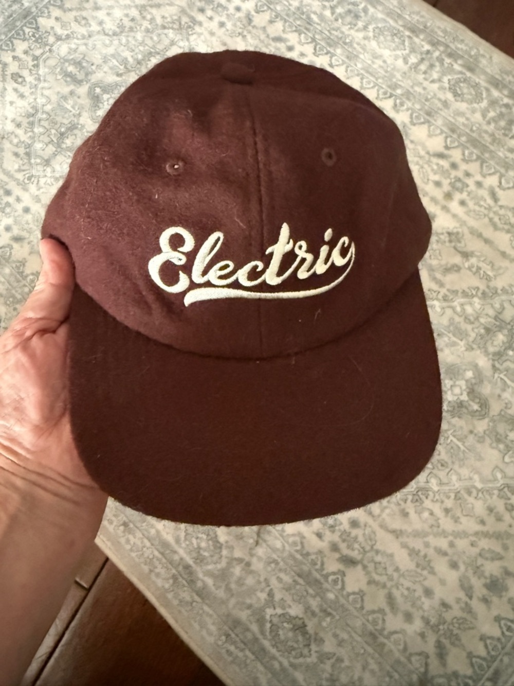 Electric Family Maroon Baseball Cap with Cream Script Logo